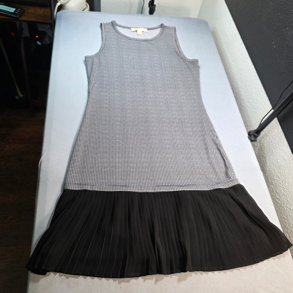 Michael‎ Kors  XS Houndstooth Sleeveless Pleated Drop Waist Shift Dress Black
